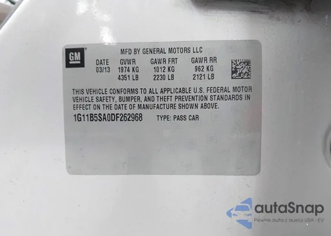 2013 Chevrolet Malibu 1Ls z USA, uszkodzony, nr VIN 1G11B5SA0DF262968